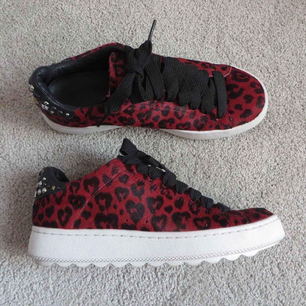 Coach C101 Womens Sneakers Size 7 Red Haircalf Fur Studs Leopard Print #Q8725